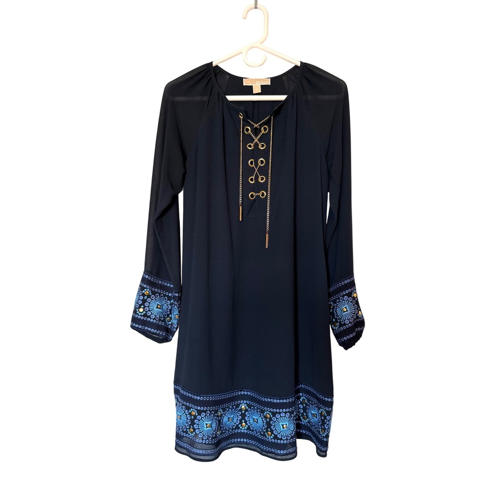 Michael Kors Navy Blue Embroidered Chiffon Chain Lace Up Dress XS Boho